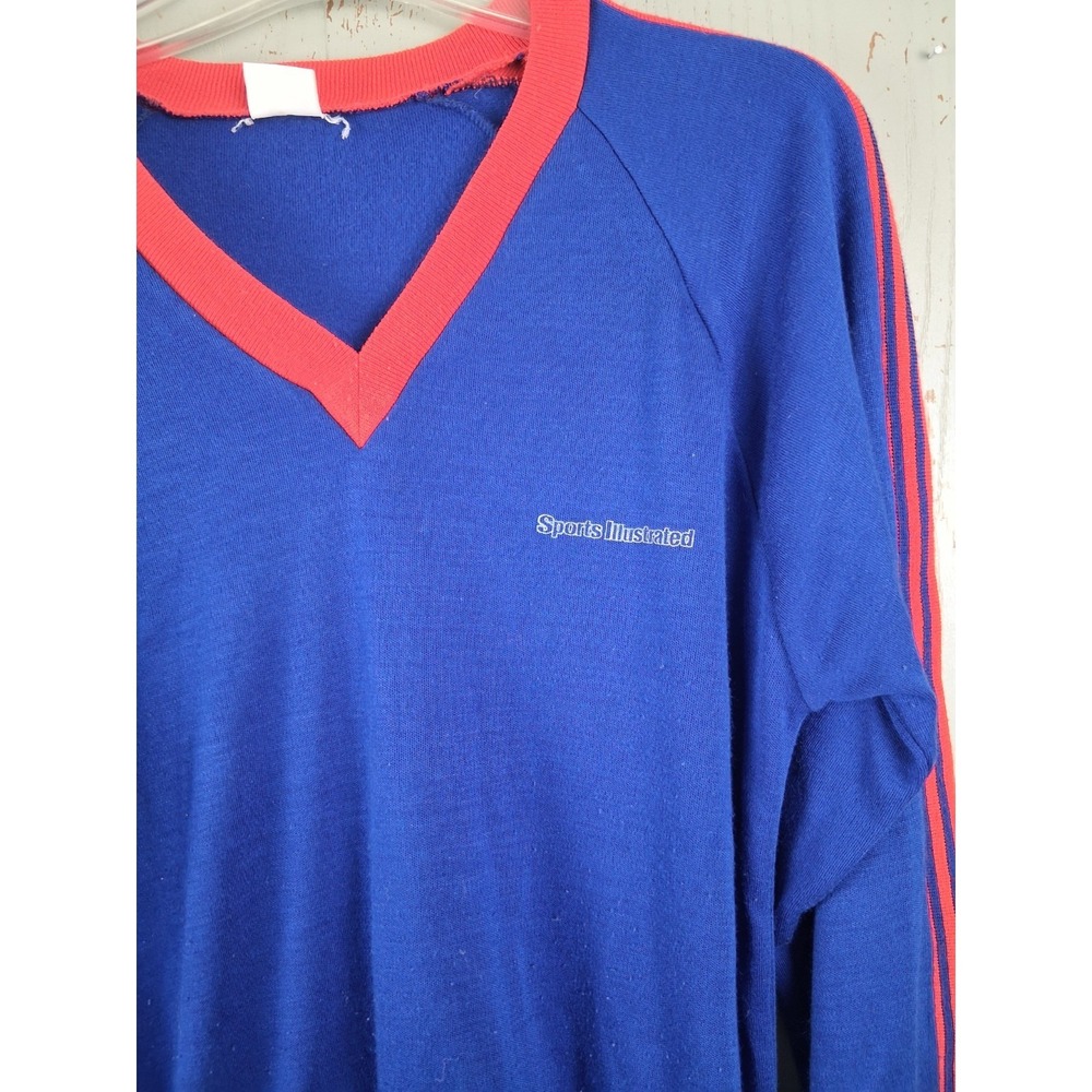 Vintage 80s Sports Illustrated Long Sleeve Sweater V-Neck Mens Medium Blue Red